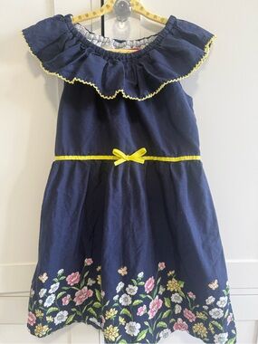 Girls Floral Ruffle Dress Navy Blue Yellow Trim Size 4T